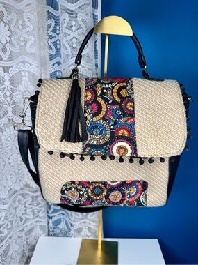 Made in Mexico Woven Straw Tote with Colorful Mandala Accent 9.5 in H x 11 in L